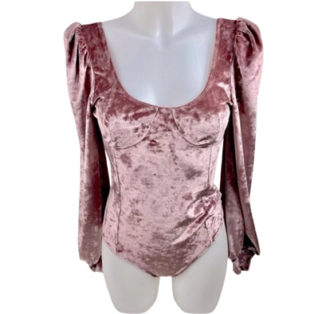 WAYF Crushed Velvet Long Sleeve Dark Mauve/Dusty Rose NWT Bodysuit Size Small